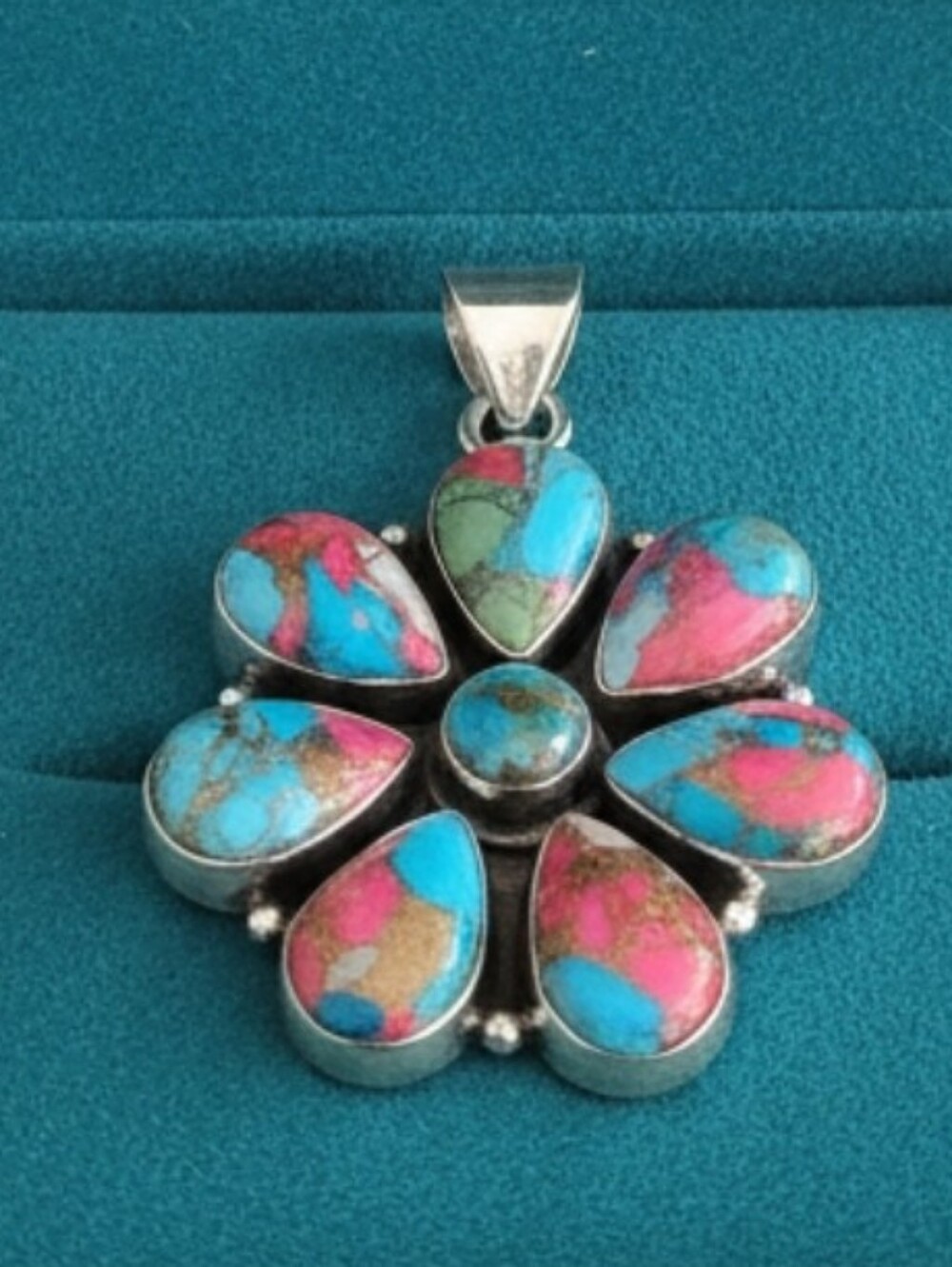 925 Sterling Silver Multi-Color Mojave Turquoise Floral Pendant